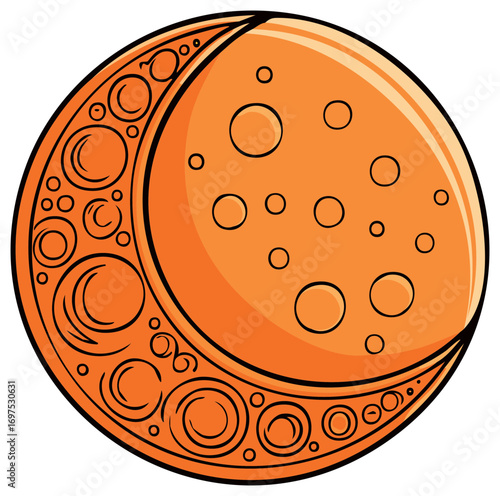 Orange Crescent Moon Icon with Surface Craters and Decorative Circles in Lunar Shape