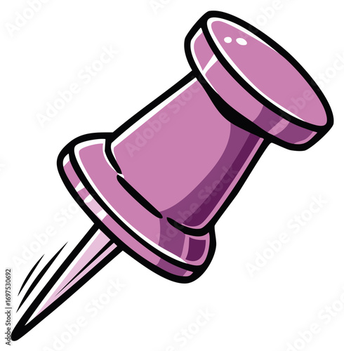 Cartoon vector illustration of a purple pushpin with bold outline and motion effect