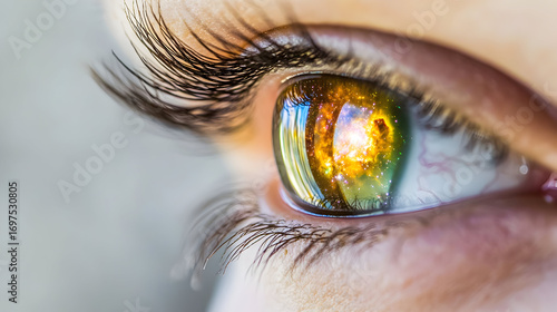 Close-up of a human eye with brown and green iris and long eyelashes.