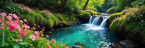 Crystal clear water flows from a natural spring, surrounded by lush green moss and vibrant wildflowers in bloom The air is cool and refreshing, perfect for a peaceful escape , stones, beauty