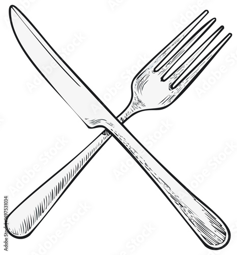 Drawn Fork and Knife Crossed Cutlery Hand Drawn Style Illustration of Utensils