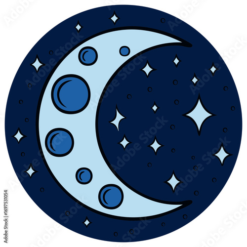 Crescent moon illustration with sparkling stars against a dark celestial sky backdrop