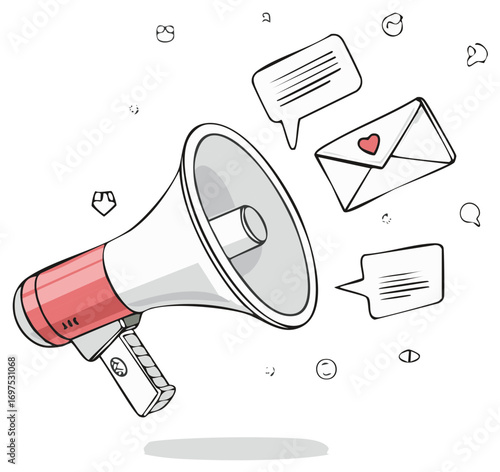 Loudspeaker with Speech Bubbles and Envelope in Line Art Style Illustration