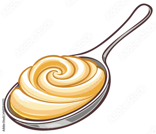 Illustration of a spoon overflowing with creamy yellow sauce in a swirl pattern