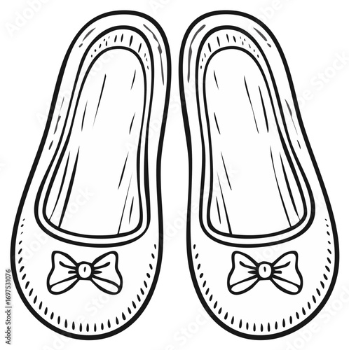 Hand drawn black and white illustration of cute home slippers with bows