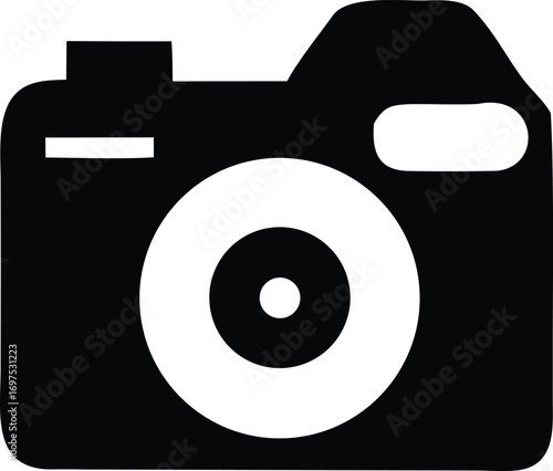 Simple black and white camera icon with lens and viewfinder capturing memories and visual stories photography symbol