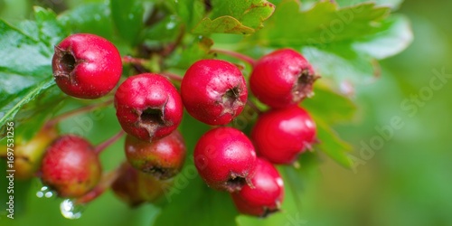 Bright red hawthorn berries with lush green leaves in a close-up view, showcasing nature's vibrant colors.