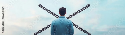 Man standing with crossed chains behind his back on a clear sky background symbolizing restriction and personal freedom limitations in life