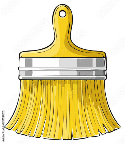 Bright yellow paintbrush with thick bristles and metal ferrule ready for painting projects