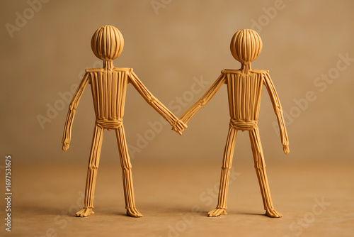 two wooden figures on white background