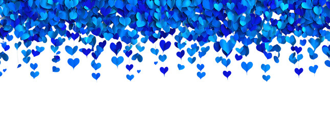 Romantic love background with long horizontal bordermade of beautiful falling lue paper hearts isolated n transparent background. appy Valentine's Day or Faher's Day PNG illustration