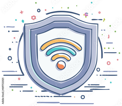Shield protecting wireless signal symbol with colorful abstract elements and lines