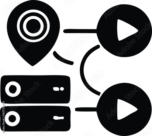 Digital network data flow connecting location server and playback devices system diagram conceptual art