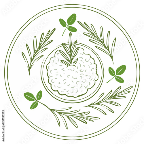 Artistic illustration of food in a plate with herbs