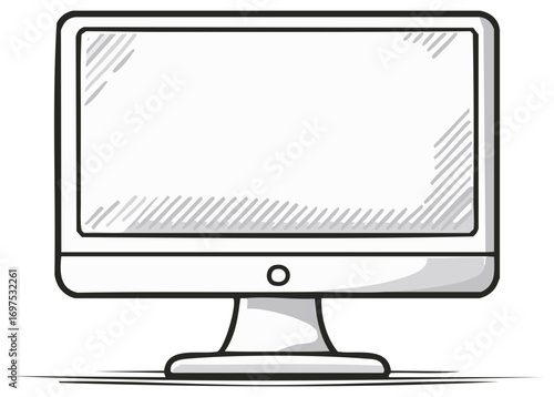 Hand drawn illustration of a modern desktop computer with a blank screen and stand