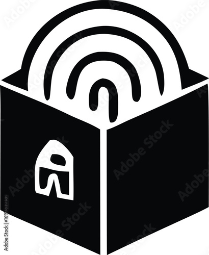 Abstract symbol for knowledge discovery and innovation out of a box concept visual representation