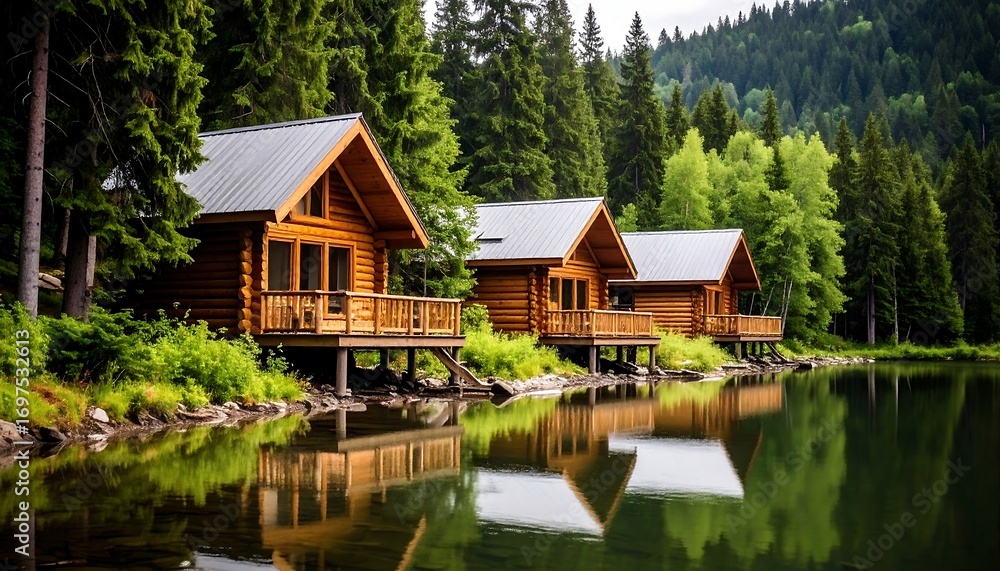 Fototapeta premium Rustic log cabins by a serene lake