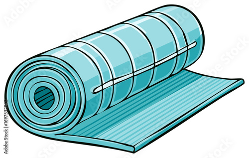Rolled-up yoga mat vector illustration, teal with stripes and loops, ready for use