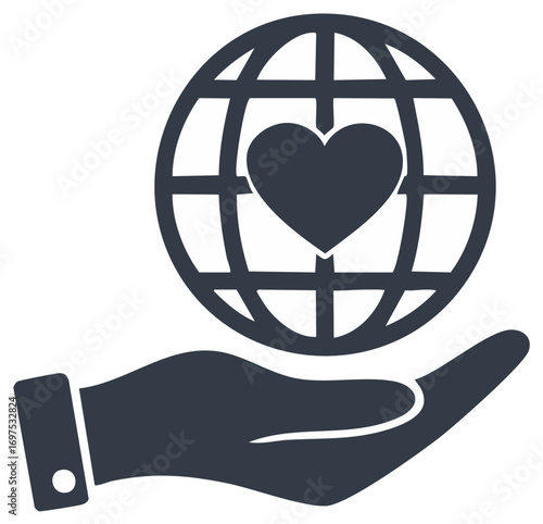 Icon of a hand holding the world with a heart symbol for global care donation and humanity