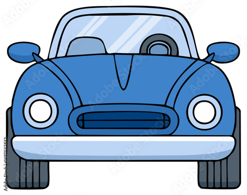 Front view of a cartoon blue vintage convertible automobile with headlights and grille