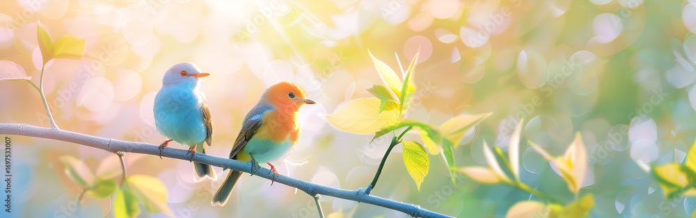 Obraz premium Pair of yellow birds resting lovingly on autumn branch.