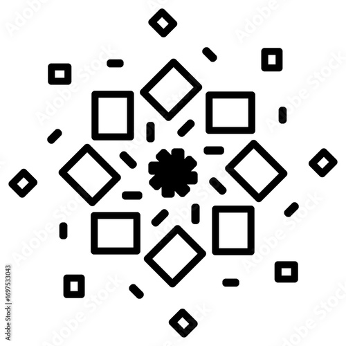 Abstract geometric mandala with squares and diamonds in symmetrical circular arrangement. Bold black outlines on white background, minimal and modern design.