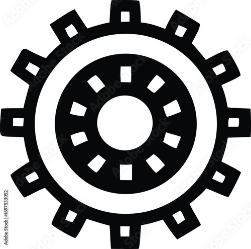 Close-up black and white industrial gear symbol with detailed teeth and inner workings for mechanical engineering and technology concepts