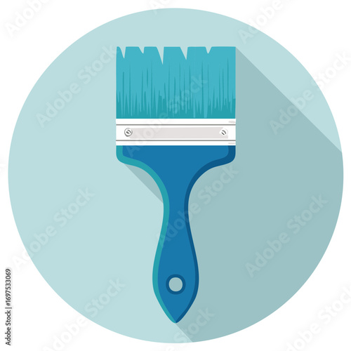 Blue paint brush icon illustration, art tool icon with long shadow, wall painter equipment symbol