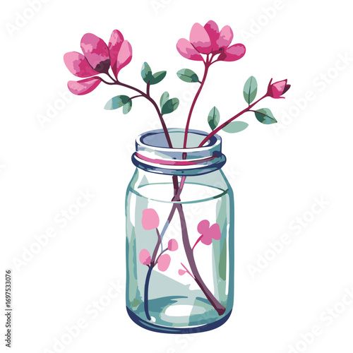 Delicate pink flowers in a clear glass jar, isolated on a white background, watercolor illustration
