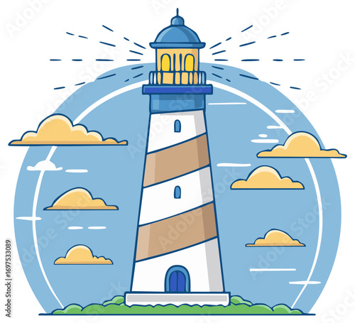 Stylized lighthouse emitting a bright beam of light with clouds against a circular blue sky background