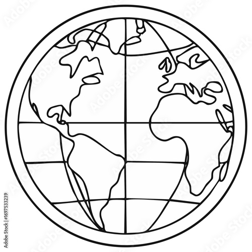 Stylized outline drawing of planet Earth showing continents and meridians within a circular frame