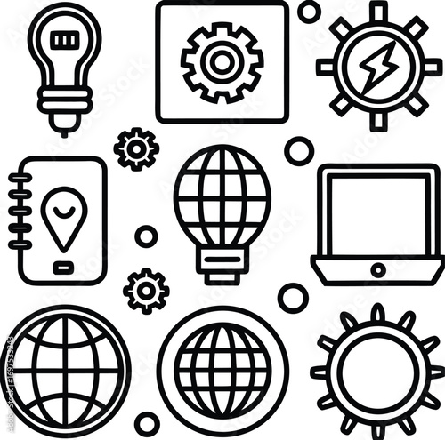 Collection of icons representing innovation technology and global connectivity business ideas and digital solutions