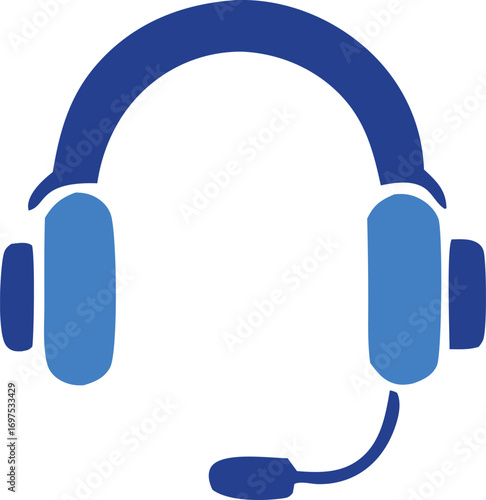 Modern blue headphones with microphone icon for communication support online gaming and audio services