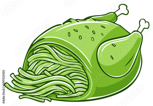 Surreal green roasted chicken or turkey stuffed with pasta noodles cartoon vector