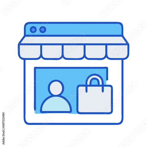 Online shop icon: customer, bag, blue design, black background