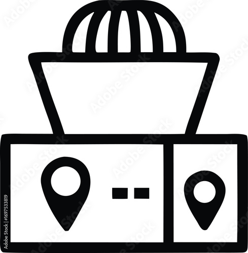 Juicer with navigation icons on screen symbolizing fresh juice locations and healthy drink spot finder