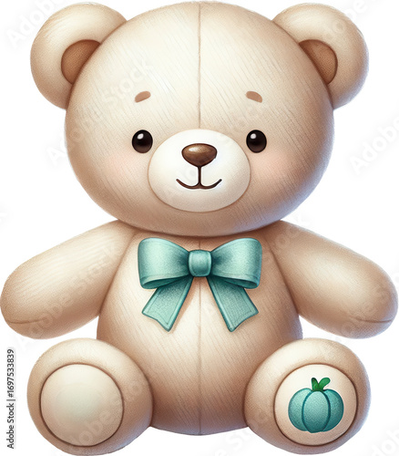 Adorable cream teddy bear with teal bow and pumpkin patch
