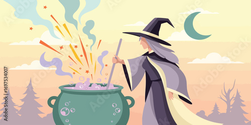 Witch stirring bubbling cauldron in forest clearing under crescent moon, casting a spell with magical energy, creating a whimsical and mysterious atmosphere.