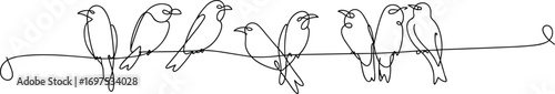 Birds sitting on wire, continuous line art illustration, minimal wildlife drawing, perched birds sketch, hand-drawn animal outline, group of birds, nature concept
