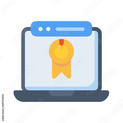 Golden medal on laptop screen represents online achievements reward