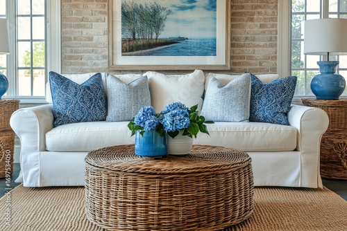 French country, farmhouse home interior design of modern living room. Wicker round coffee table near white sofa with blue pillows against beige brick wall with poster frame, Generative AI