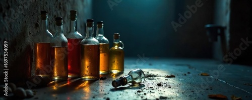 Empty liquor bottles scattered on a dimly lit floor, surrounded by shadows, suggesting a struggle with alcohol addiction , loneliness, drunk, night