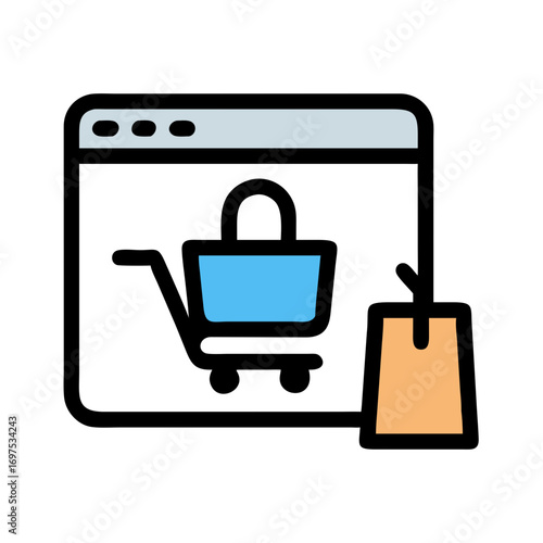 Online shopping process depicted through visual flat design elements