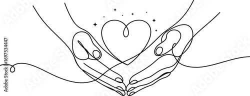 Four hands holding heart, continuous line love concept, emotional support illustration, unity, care, compassion, family bonding, kindness sketch, vector hand-drawn minimalist design
