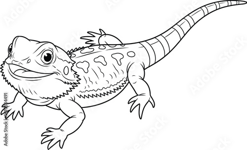 Line art illustration of a friendly bearded dragon lizard with a wide smile.
