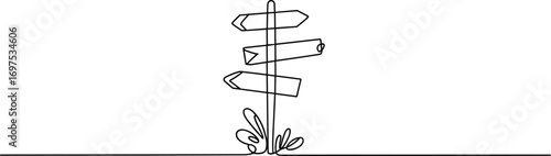 Hand-drawn direction sign, navigation board, road choices, decision making symbol, line art path guide, minimal travel concept, crossroads marker, continuous line vector illustration