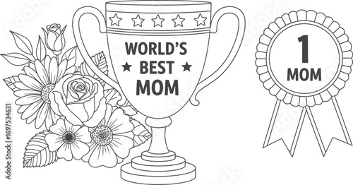 Trophy celebrates the world's best mom with flowers and a special ribbon.