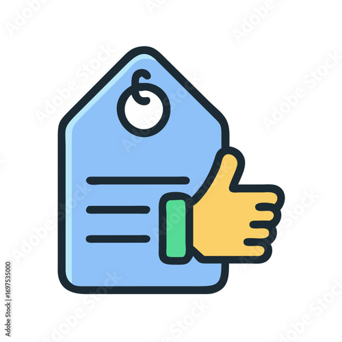 Blue document or tag with thumbs up approval symbol