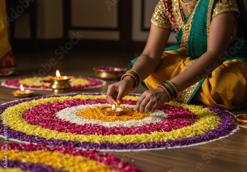 Woman arranges floral pattern of tropical fresh flowers to create a colorful pookalam. Traditional floral cultural celebration decor for Onam, harvest festival celebrating.	
