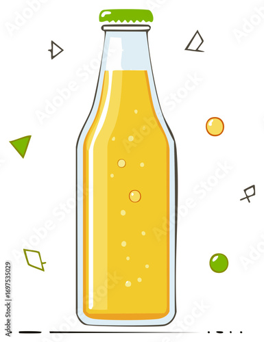 Refreshing Yellow Beverage in Glass Bottle with Bubbles and Geometric Shapes